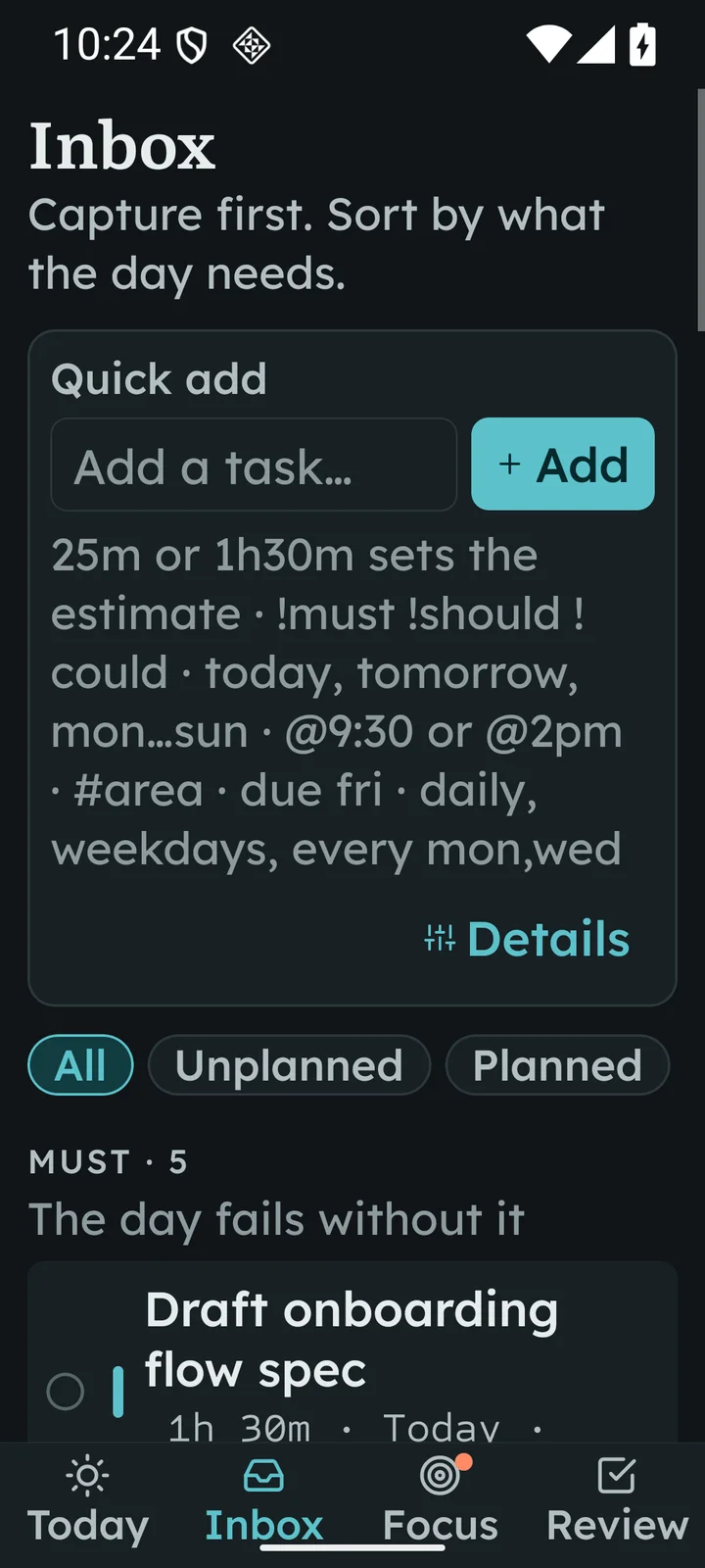 Inbox on Android in dark mode at 200 percent font size: the Add button wraps under the field