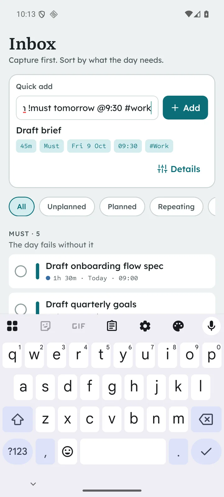 Taskavyn on the Android Emulator: the Inbox quick add turning one typed line into estimate, priority, day, time and area