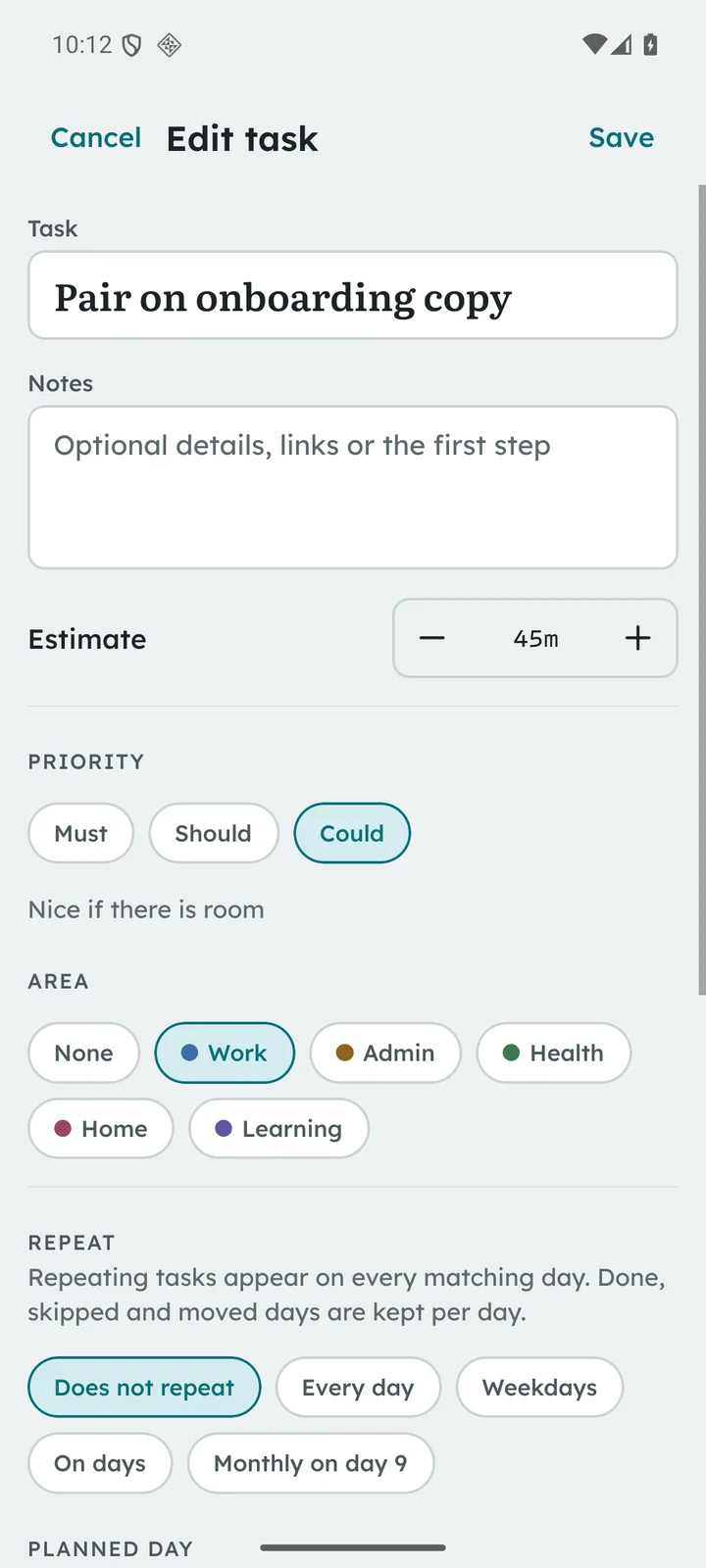 Task editor on Android with Cancel and Save, notes, estimate, priority, area and repeat controls