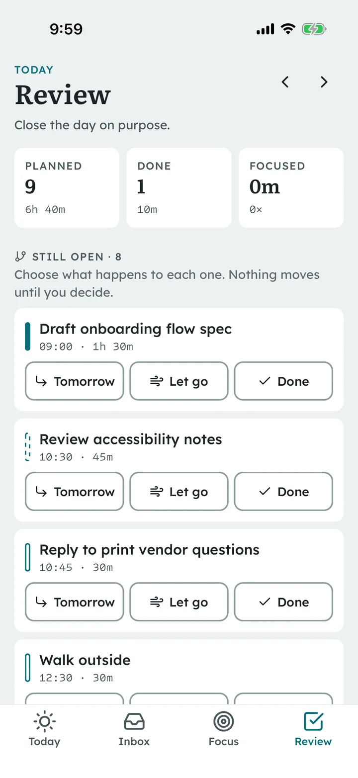 Review on iOS with planned, done and focused totals and Tomorrow, Let go and Done decisions for each unfinished item